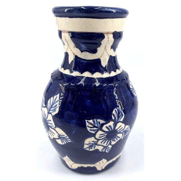 Redware Vase Mexican Blue & White Pottery Hand Painted 5" Vtg - Picture 4 of 6